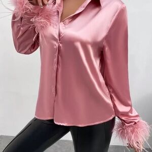 SHEIN Pink Satin Blouse with Feather Trim